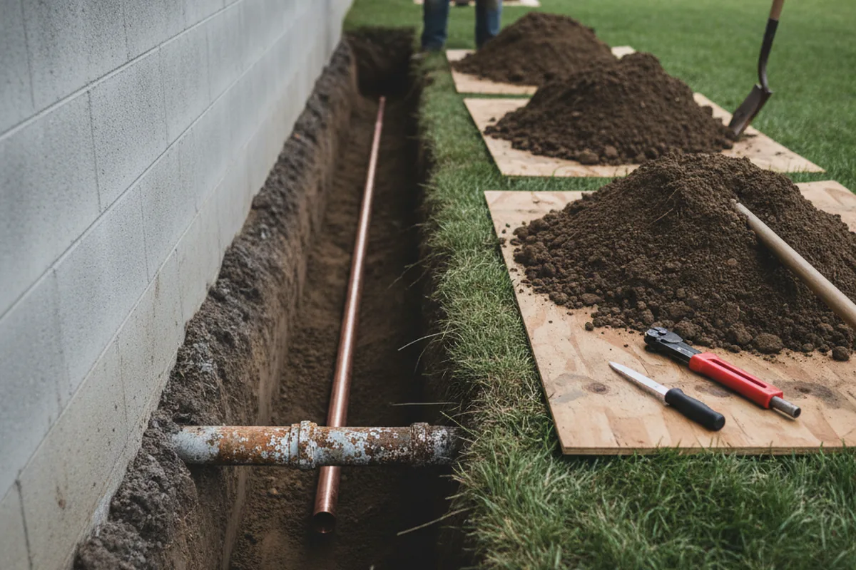 Excavated water line trench during Sewer Line Repair in Los Olivos